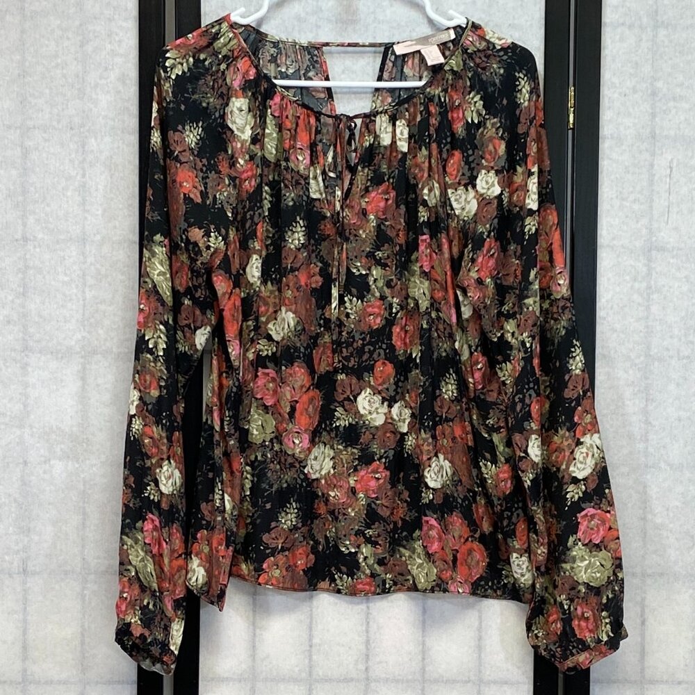 Forever 21 Boho Floral Peasant Tie V-Neck Blouse Long Raglan Sleeve Top Black L